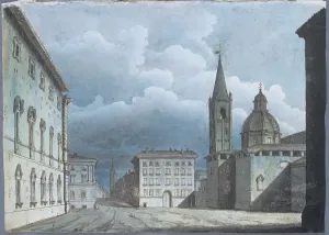 Watercolour Ink On Paper Art Drucke: View from the Current Oderlaffi Square in Forl