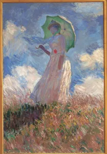 Drucke von Ein Bild der Eleganz: Eine Frau mit einem Schirm, der in die linke Richtung gedreht ist, genießt den Sonnenschein auf einem grünen Rasenfeld unter blauen Himmel Claude Monet Drucke: Claude Monet, 'Frau mit Sonnenschirm nach links gedreht', 1886