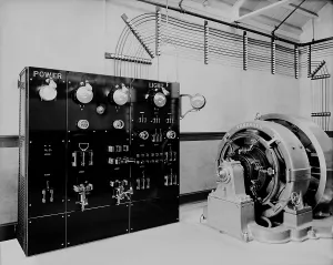 American Industry History Drucke: Control panel and dynamo (generator)
