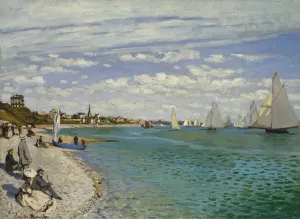 Drucke von Regatta in Sainte-Adresse, von Claude Monet, 1867, französische Impressionistinmalerei, Öl auf Leinwand. Es zeigt eine Segelregatta bei Le Havre mit Figuren am Strand Claude Monet Drucke: Regatta in Sainte-Adresse, von Claude Monet