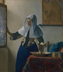 Drucke von JUNGE FRAUEN MIT EINEM WASSERKRUG, von Johannes Vermeer, 1662, niederländische Malerei, Öl auf Leinwand Johannes Vermeer Drucke: JUNGE FRAUEN MIT EINEM WASSERKRUG