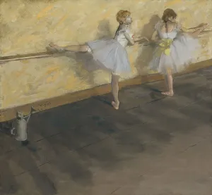 Drucke von Tänzerinnen üben am Barre, von Edgar Degas, 1874, französische Impressionistinmalerei auf Leinwand Edgar Degas Drucke: Tänzerinnen üben am Barre, von Edgar Degas
