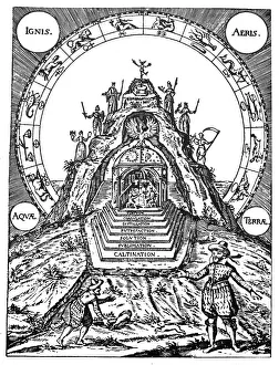 ALCHEMIE: BERG. Der Berg der Adepten enthält den Phönixstein (Philosophers Stone). Kupferstich aus Stephans Michelspachers Alchemia, 1654