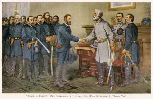 Drucke von Lee gibt sich am 4. April 1865 an General-Grant im Appomattokurthaus in Virgina auf. Frieden in der Union N Drucke: LIEGE ERGEBENISSE DES GENERAL LEE IM JÄHR 1865