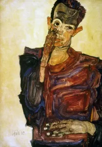 Drucke von EGON SCHIELE (1890-1918). Österreichischer Maler. Selbstporträt mit aufgezogener Backe. Kreide, Wasserfarbe und Gouache, 1910 Egon Schiele Drucke: EGON SCHIELE (1890-1918). Österreichischer Maler