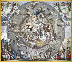 Drucke von HIMMELSGLOBUS, 1660. Himmelsglobus der nördlichen Hemisphäre aus dem Atlas Coelestis seu Harmonia Macrocosmica von Andreas Cellarius veröffentlicht, 1660, in Amsterdam Andreas Cellarius Drucke: HIMMELSPHÄRE, 1660