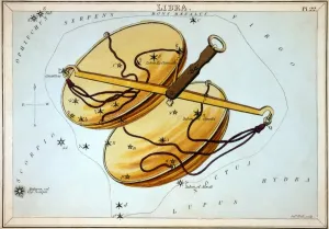 Konstellation: Libra. Darstellung von Libra als Liniengravur von Sidney Hall aus dem Urania-Mirror in London 1825