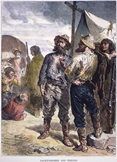 19th Century Woodcuts Drucke: BACKWOODSMEN & NATIVE AMERICANS. Wood engraving, late 19th century