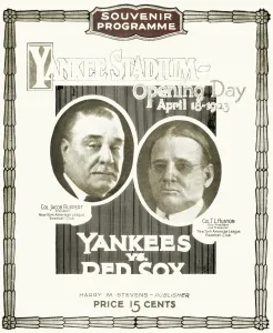 Baseball-Programm aus dem Jahr 1923. Abdeckung des Programms der ersten Spielzeit im Yankee-Stadion in der Bronx, Neu-York-City am 18. April 1923 zwischen den New York Yankees und den Boston Red Sox