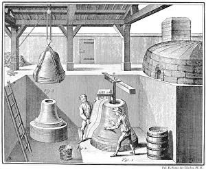 Copper Engraving Art History Drucke: BELL CASTING, 1763. Workmen, casting bells