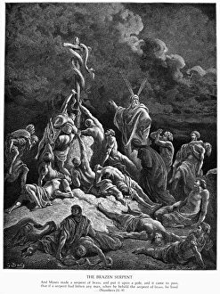 Der bronzene Schlangen. Die Israeliten werden von den brennenden Schlangen gerettet, wenn sie auf die brazen Bildnis einer Schlange schauen und es Moses (Numeri 21:6-9) mit einem Pfahl befestigt hat.