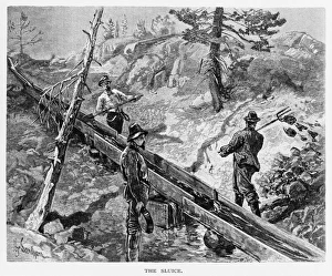 KALIFORNIEN: Bergbau, 1883. Drei Minenarbeiter bei einem aus Holz gefertigten Schleuderschacht im Rahmen des hydraulischen Goldbergbaus in Kalifornien. Holzschnitt von Henry Sandham, 1883