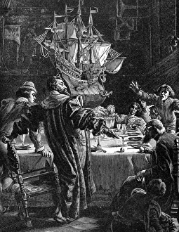 19th Century Italian Art Drucke: COLUMBUS AND THE EGG. Christopher Columbus and the Egg. Wood engraving, 19th century