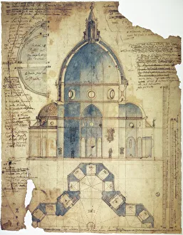 Querschnitt aus dem Entwurf von Filippo Brunelleschi für den Dachstuhl der Kathedrale Santa Maria del Fiore in Florenz, Italien. Moderne Zeichnung durch Lodovico Cardi da Cigoli