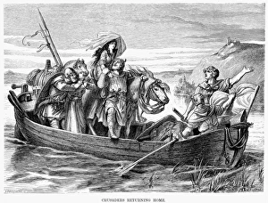 19th Century Woodcuts Drucke: CRUSADERS. Crusaders returning home. Wood engraving, 19th century