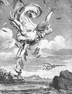Daedalus und Ikarus: Der Sturz des Ikarus. Kupferstich von Bernard Picart, 1731