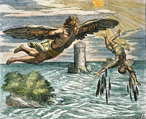 Drucke von Daedalus und Ikarus; französisches farbiges Holzstich aus dem Jahr 1660 Daedalus Drucke: Daedalus und Ikarus; französisches gefärbtes Kupferstich aus dem Jahr 1660