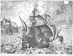 Drucke von Daedalus und Ikarus. Linolschnitt aus dem 16. Jahrhundert von Theodor Galle nach Pieter Bruegel d.A Daedalus Drucke: Daedalus und Ikarus. Liniengravur aus dem 16