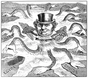 Der Teufelfisch im ägyptischen Wasser. Eine amerikanische Karikatur aus dem Jahr 1882, die den englischen Bulle als Oktopus des Imperialismus darstellt, der Land auf jedem Kontinent erfischt