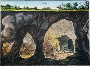 Historical Mining Industry Drucke: DIDEROT: UNDERGROUND MINE. Miners loosening rocks with the help of bonfires: engraving from Denis Diderots Encyclopedie
