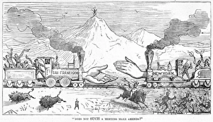 Gibt es keinen solchen Treffen, das Vergebung findet? Moderne amerikanische Karikatur zum Gedenken an die Vereinigung der Zentralpazifischen und Union-Pacific-Bahnen in Promontory Point, Utah am 10. Mai 1869