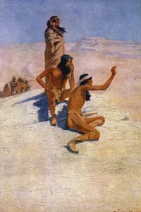 Wüstenlandschaften Drucke: Kopf von Vaca im Wüstensand. Gemälde aus dem Jahr 1906 von Frederic Remington