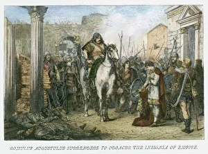 Sturz des Römischen Reiches, 476. Romulus Augustus (* unbekannt), letzter römischer Kaiser im Westen, von Odoaker abgesetzt im Jahr 476. Holzschnitt aus dem 19. Jahrhundert