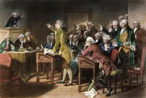 Finanzen Und Handel Drucke: Stempelgesetz: Patrick Henry. Patrik Henrie spricht sich gegen das Stempelgesetz im britischen Parlament aus (1789)