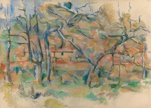 Drucke von PAUL CEZANNES: BÄUME UND HÜTEN. Bäume und Häuser in der Provenz. Öl auf Leinwand von Paul Cézanne, um 1885 Paul Cézanne Post-Impressionismus Werke Drucke: CEZANNES: BÄUME UND HÜTEN. Bäume und Häuser