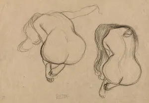Drucke von GUSTAV KLIMT: SITZENDE BADENNAKTE MIT LANGE HAAR. Öl auf Leinwand von GUSTAV KLIMT um 1900 Gustav Klimt Drucke: Klimt: Situierter Nacken, 1890-91 (Zwei Studien zu einem sitzenden nackten mit langem Haar)