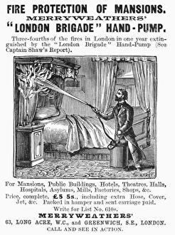 Late 19th Century Advertising Art Drucke: FIRE EXTINGUISHER, 1896. English newspaper advertisement for Merryweathers London Brigrade Hand-Pump fire extinguisher