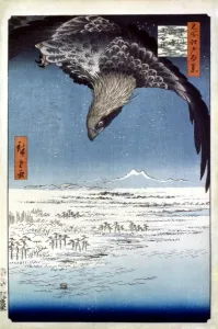 Hiroshige: Edo / Adler, 1857. Adler über Edo, Japan. Holzschnittdruck