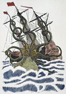 Riesenkrake Drucke: Riesenoktopus angreift ein Schiff, 16