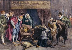 Der Gunpowder-Putsch von England und Irland im Jahr 1606. Der Anführer der Verschwörung Guy Fawkes (1570-1616) wird in einem Verhör durch König Jakob I. und seinen Rat in seinem Schlafzimmer am Whitehall, nachdem die Entdeckung des Gunpowder-Putsches bekannt gegeben wurde, um das Parlament zu zerstören: Holzgravur von 1861, nach Sir John Gilbert