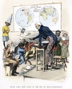 KARTOON: spanische amerikanischer Krieg, 1898. Die Vereinigten Staaten als Onkel Sam der Lehrer