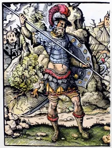 Drucke von DAVID UND GOLIATH. Goliath, der Krieger der Philister, bereitet sich auf den Kampf gegen David vor (1 Samuel 17: 42-44). Holzschnitt, 16. Jahrhundert, von Jost Amman Jost Amman Drucke: DAVID UND GOLIATH. Goliath, der kriegerische Philister