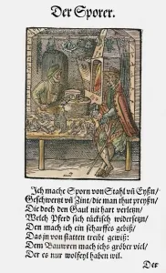 German Craftsman Drucke: SPUR MAKER, 1568. A maker of spurs and bits in his workshop