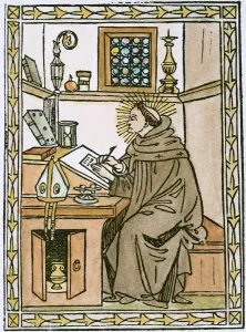 Ancient Christian Art Drucke: ST. AUGUSTINE (354-430). In his study. Woodcut from his Soliloquii, Florence, 1491