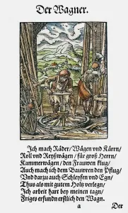 Drucke von Kutschenmacher (oder Wagenbauer), 1568. Der Kutschenmacher ist ein Schlosser von Rädern und Waggonen sowie Karren und Pflug. Holzschnitt aus dem Jahr 1568 vom Maler Jost Ammann Jost Amman Drucke: Kutschenbauer aus Wagonwright (1568)