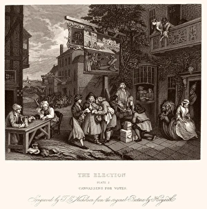 Drucke von HOGARTH, Wahl. Aufsuchen der Wählerstimmen. Nachzeichnung nach dem Holzschlag von William Hogarth William Hogarth Drucke: HOGARTH, Wahlen. Wahlkämpfe für Stimmen