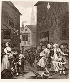 HOGARTH: VIER MAL TAGE DES JAHRES MITTAGSSTUND. Stahlstechung nach Etzung und Schlagzeugwerkstatt, 1738 von William Hogarth
