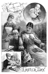 Vintage Easter Cards Drucke: EASTER, 1884. Scenes from Easter Day. Engraving, American, 1884