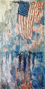 Drucke von HASSAM: DIE AVENE IM REGEN. Die Aveane im Regen. Öl auf Leinwand von Childe Hassam, 1917 Impressionistische Gemälde Drucke: HASSAM: AVEUER IM REGEN. Die Avenue im Regen. Öl auf Leinwand von Childe Hassam, 1917.