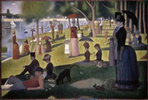 Drucke von A Sonntagmorgen auf der Insel der großen Jagd, 1886 von Georges Seurat mit Ölfarbe auf Leinwand (ca. 1884 - 88) Impressionistische Gemälde Drucke: A Sonntagvormittag auf der Insel der großen Jagd