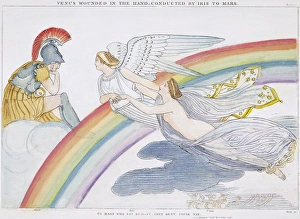 Drucke von Iris und Venus werden von der Göttin des Regenbogens begleitet; sie führt die Verletzten an den Gott Mars heran. Zeichnung in Stahlstiche, um 1805 nach John Flaxman für Homer's Ilias John Flaxman Drucke: Iris und Venus werden von der Göttin des Regenbogens begleitet; sie führt die Verletzten an Bord nach dem Planeten Mars