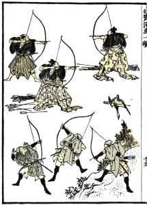 Drucke von SIX SAMURAI von HOKUSAI: SEchs Samurai im Jahr 1817.Sieben Samurai; die oberen drei am Hofe üben ihre Bogenschießübungen; die unteren drei tragen traditionelle Jagdkleidung Katsushika Hokusai Drucke: Sechs Samurai; die oberen drei im Hofe üben ihre Bogenschießübungen; die unteren drei tragen traditionelle Jagdkleidung