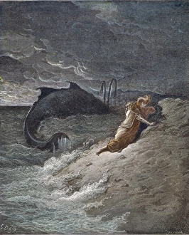 Gustave Dor Artwork Drucke: JONAH. Jonah is cast forth by the whale (Jonah 2: 10). Wood engraving after Gustave Dor