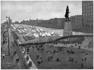 Arbeit Drucke: SCHLAGVON PULLMAN-AUFRUF 1894. Lager der US-amerikanischen Truppen am Stadtrand von Chicago während
