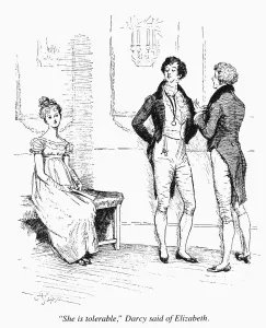 Drucke von AUSTEN: PRAEDIZ und SCHÄMPELZEUGNIS. Elizabeth Bennet hört Mr. Darcy auf der Feierlichkeit T Drucke: AUSTEN: SCHNEIDERSCHNitte und Eifersucht. Elisabeth Bennet hört Herrn