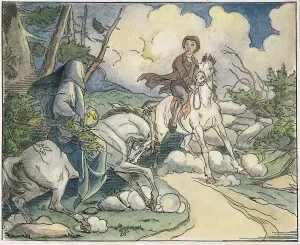 Drucke von IRVING: SLEEPY HOLLER, 1849.Die Begegnung von Ichabod Crane mit dem Kopflosen Reiter: Zeichnung aus dem Jahr 1849 von Felix O.C. Darley für 'Die Legende vom Schlafengehörigen' von Washington Irving I Drucke: Ichabod Crane trifft auf den Kopflose Ritter: Zeichnung von Felix O